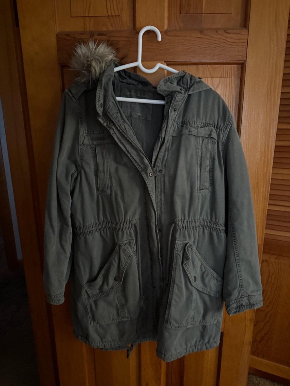 American Eagle Outfitters Olive Green Hooded Parka with Faux Fur Trim